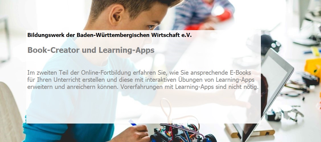 Im zweiten Teil der Online-Fortbildung erfahren Sie, wie Sie ansprechende E-Books für Ihren Unterricht erstellen und diese mit interaktiven Übungen von Learning-Apps erweitern und anreichern können. Vorerfahrungen mit Learning-Apps sind nicht nötig.