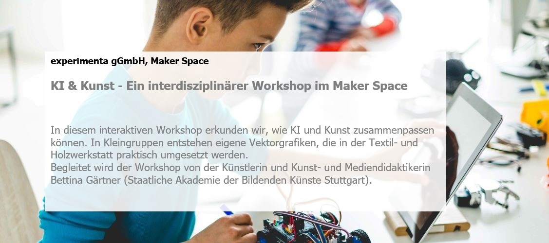 In diesem interaktiven Workshop erkunden wir, wie KI und Kunst zusammenpassen können. In Kleingruppen entstehen eigene Vektorgrafiken, die in der Textil- und Holzwerkstatt praktisch umgesetzt werden. Begleitet wird der Workshop von der Künstlerin und Kunst- und Mediendidaktikerin Bettina Gärtner (Staatliche Akademie der Bildenden Künste Stuttgart).