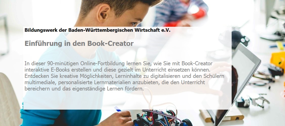 In dieser 90-minütigen Online-Fortbildung lernen Sie, wie Sie mit Book-Creator interaktive E-Books erstellen und diese gezielt im Unterricht einsetzen können. Entdecken Sie kreative Möglichkeiten, Lerninhalte zu digitalisieren und den Schülern multimediale, personalisierte Lernmaterialien anzubieten, die den Unterricht bereichern und das eigenständige Lernen fördern.